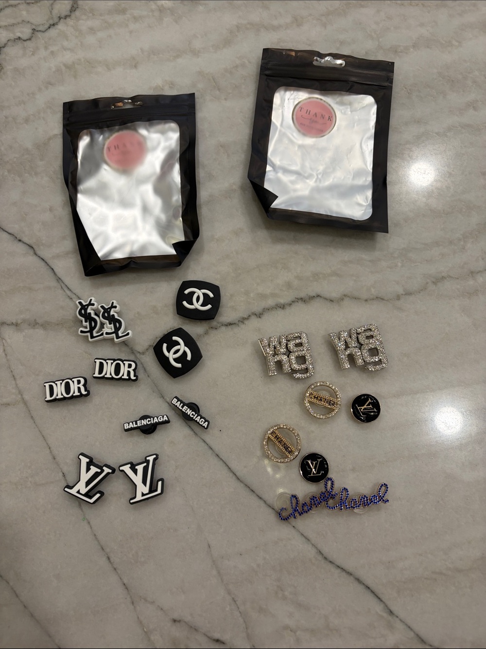 CROCS CHARMS Assorted Logo Charms - 18 PIECE Dior, Chanel, YSL, WANG, Balenciaga